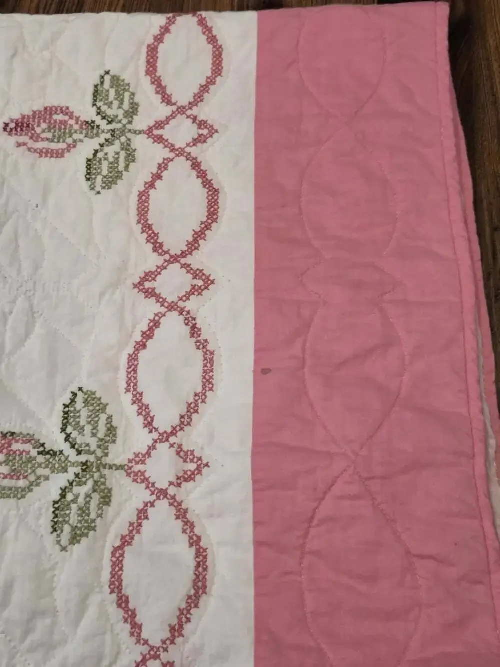 Vtg Hand Embroidered Rose Quilt Bedspread Twin 92x72 Pink Cross Stitch Floral